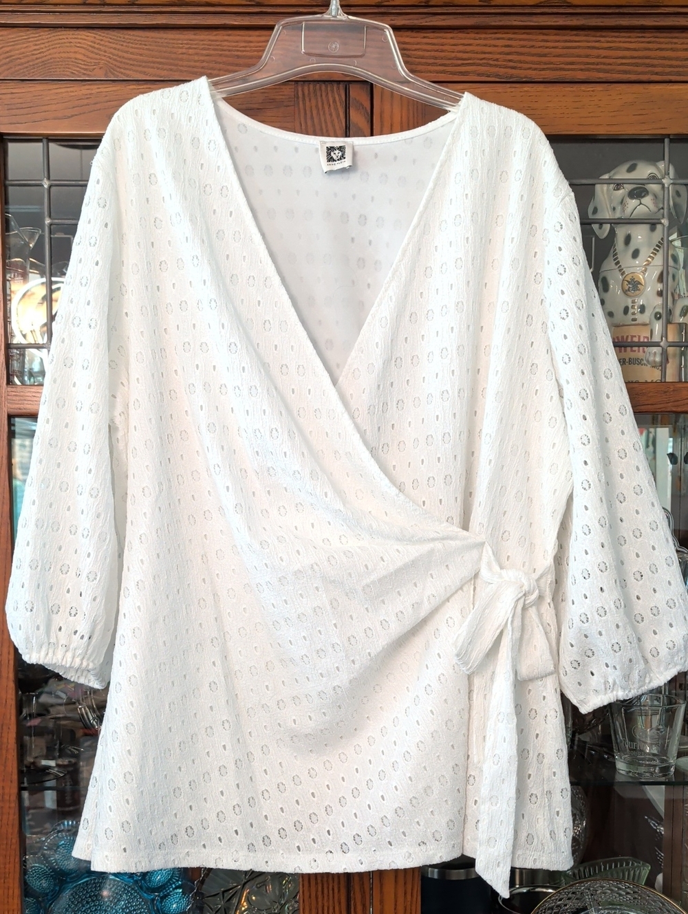 Anne Klein White Eyelet Wrap Top with Side Tie